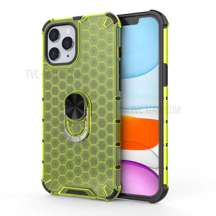 Honeycomb Pattern TPU + PC Hybrid Cover with Finger Ring Kickstand for iPhone 12 Pro Max 6.7 inch - Green-1