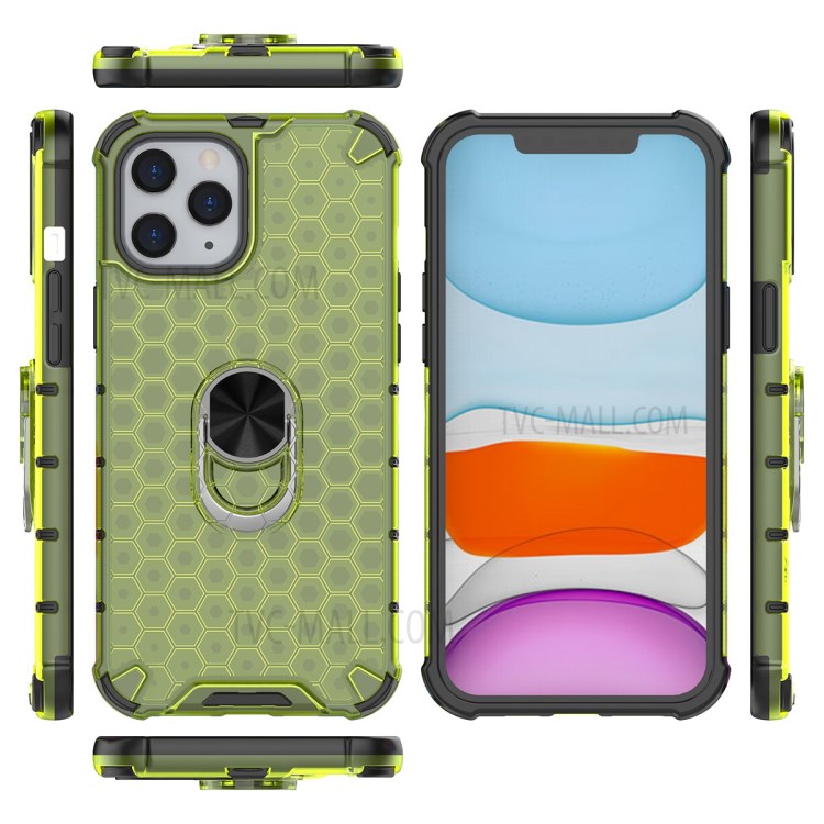 Honeycomb Pattern TPU + PC Hybrid Cover with Finger Ring Kickstand for iPhone 12 Pro Max 6.7 inch - Green-4