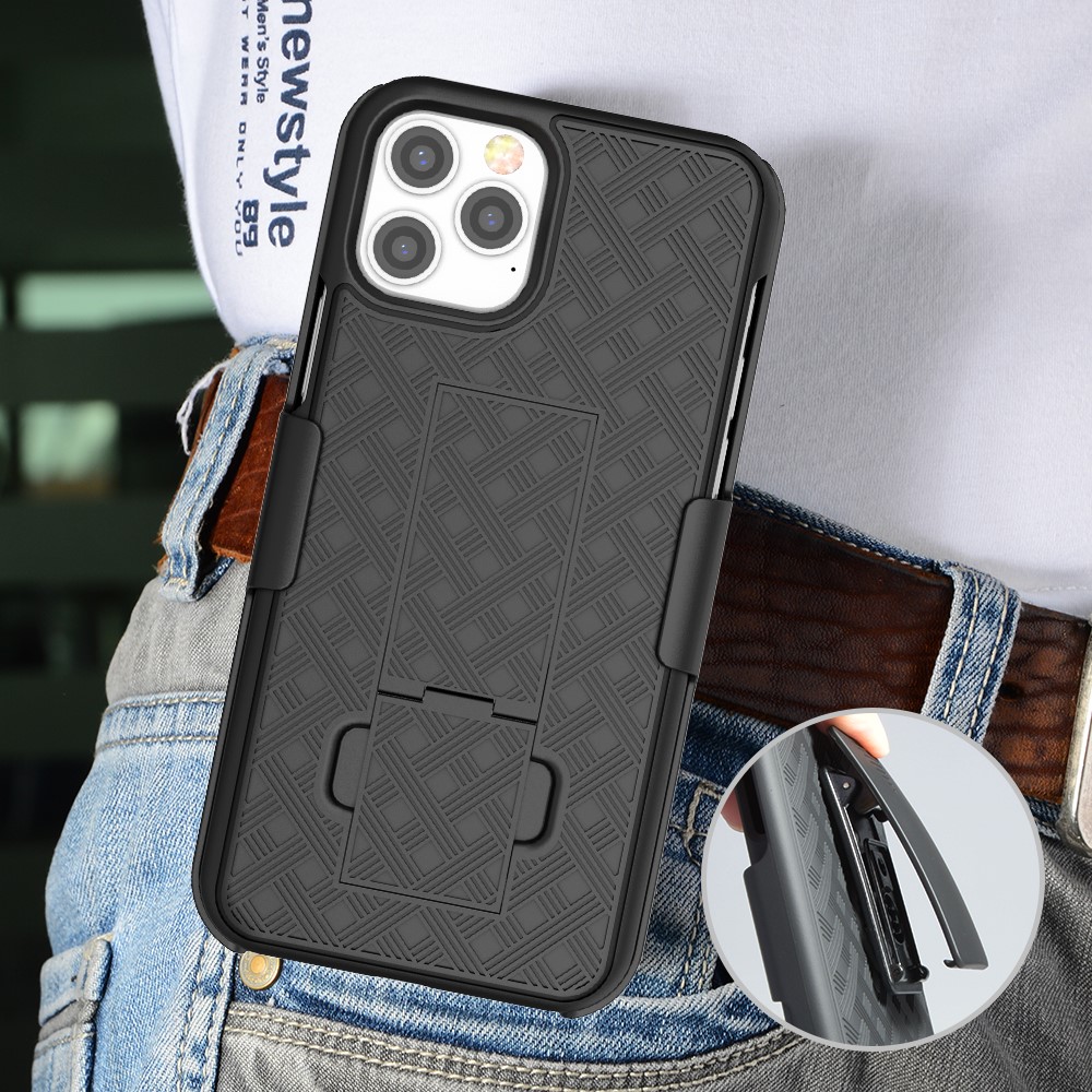 Swivel Belt Clip Holster Woven Texture PC + TPU Hybrid Case for iPhone 12 Max/12 Pro 6.1 inch-6