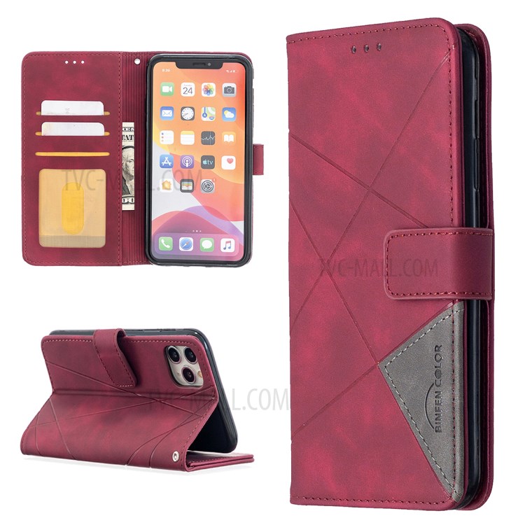 BF05 Leather Case Geometric Texture Wallet Stand Protector Shell for iPhone 11 Pro Max 6.5 inch - Wine Red-1