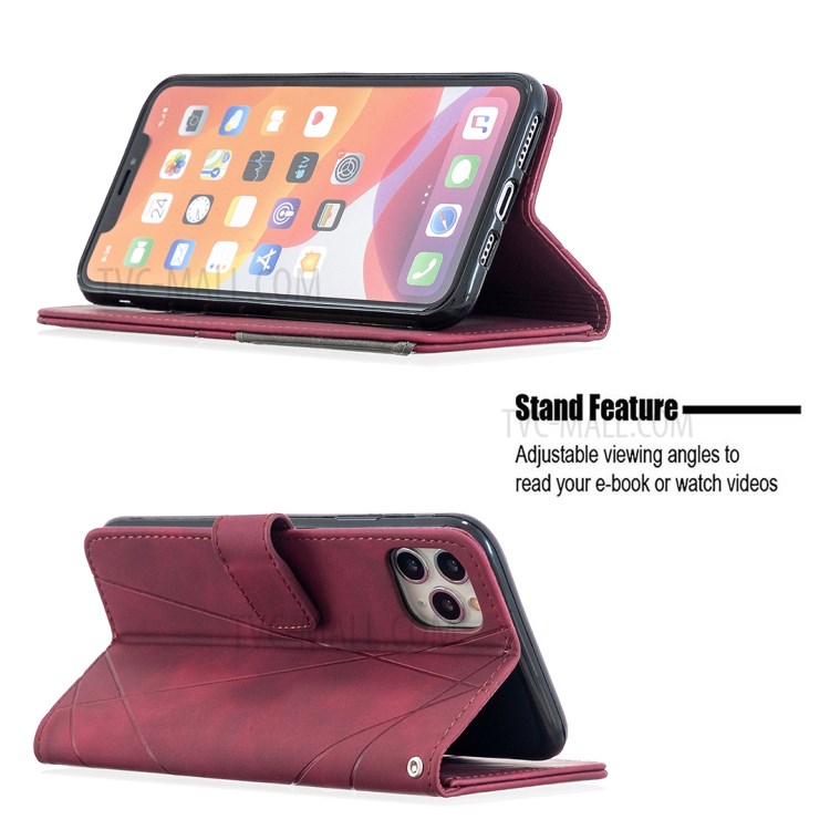 BF05 Leather Case Geometric Texture Wallet Stand Protector Shell for iPhone 11 Pro Max 6.5 inch - Wine Red-2