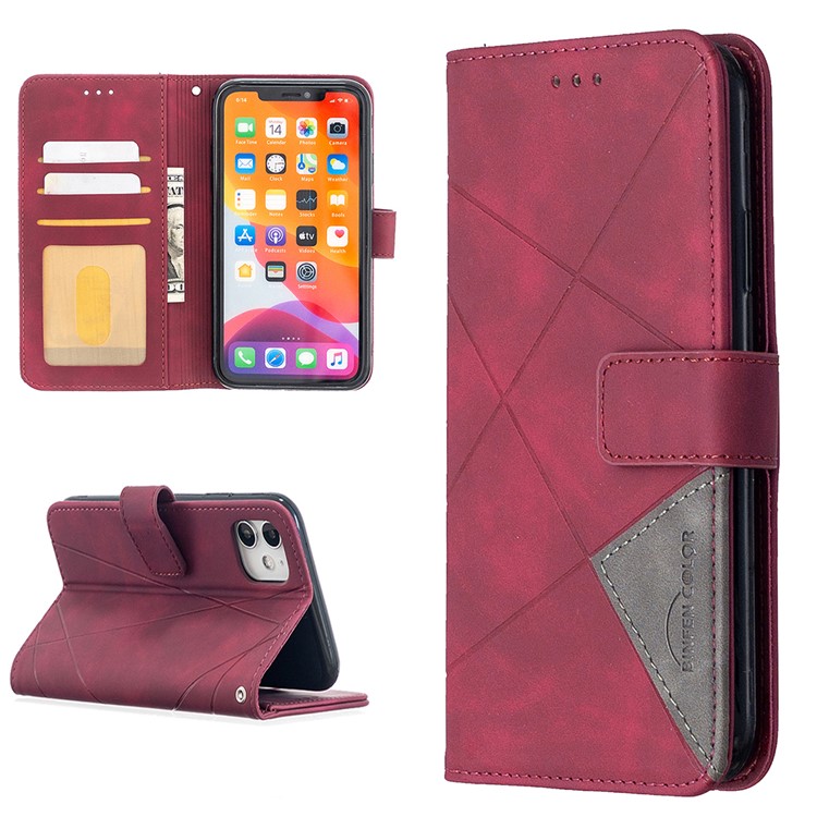 BF05 Leather Case Geometric Texture Wallet Stand Phone Cover for iPhone 11 6.1 inch - Wine Red-1