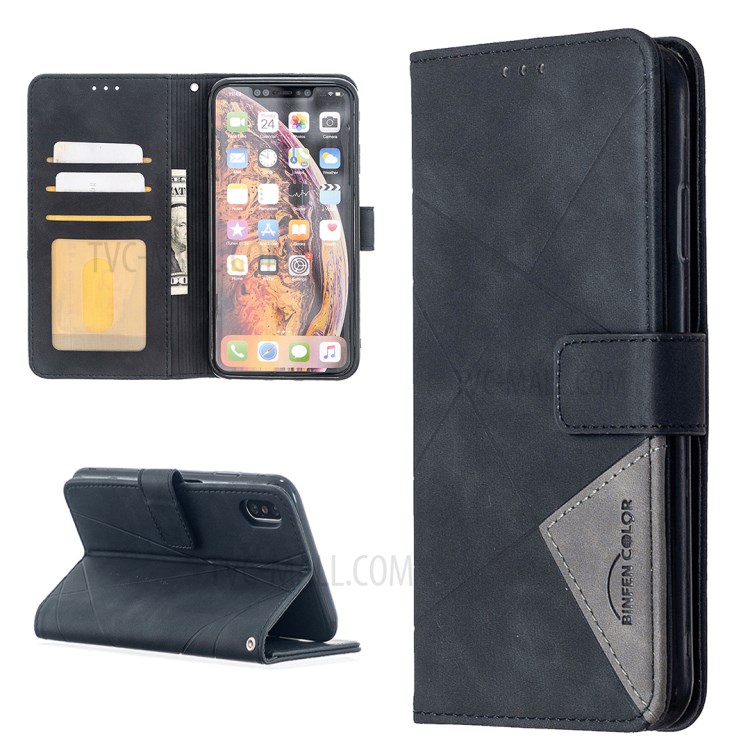 BF05 Guscio Di Cuoio Del Basamento Tessitura Portafoglio Geometrico Per IPhone XS Max 6,5 Pollici - Nero-1