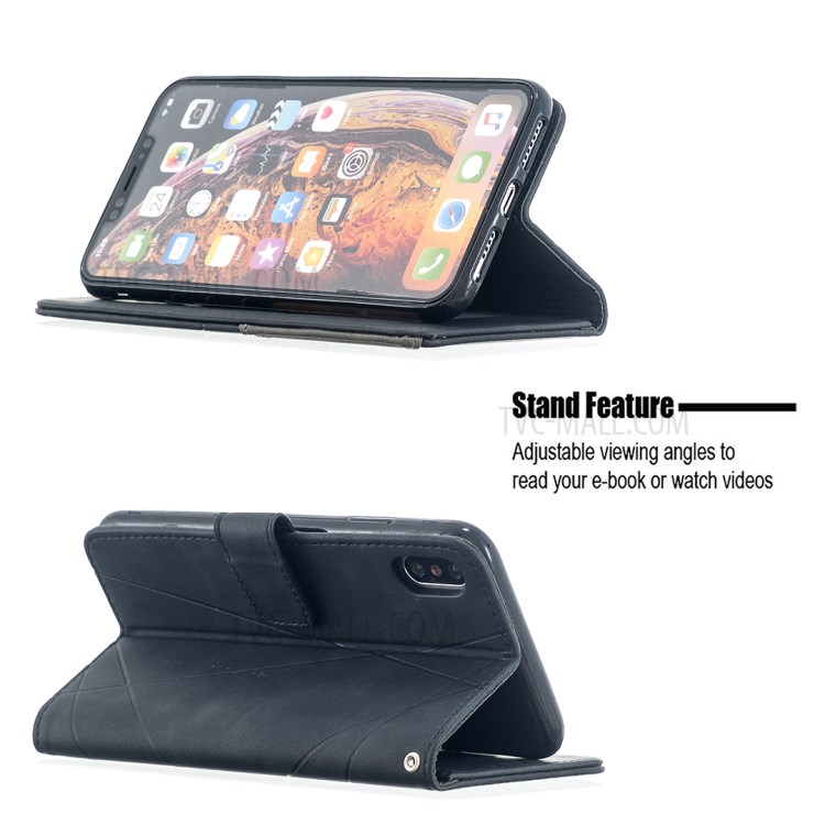 BF05 Guscio Di Cuoio Del Basamento Tessitura Portafoglio Geometrico Per IPhone XS Max 6,5 Pollici - Nero-2