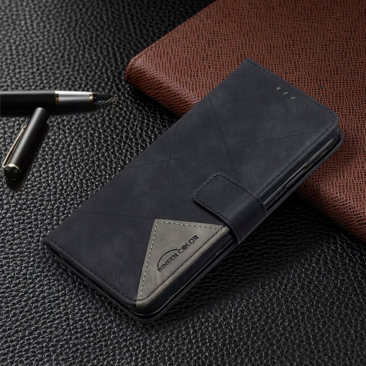 BF05 Guscio Di Cuoio Del Basamento Tessitura Portafoglio Geometrico Per IPhone XS Max 6,5 Pollici - Nero-4