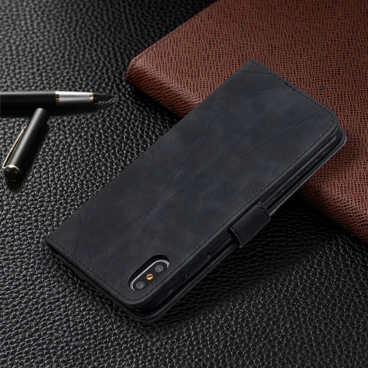 BF05 Guscio Di Cuoio Del Basamento Tessitura Portafoglio Geometrico Per IPhone XS Max 6,5 Pollici - Nero-5