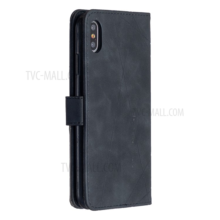 BF05 Guscio Di Cuoio Del Basamento Tessitura Portafoglio Geometrico Per IPhone XS Max 6,5 Pollici - Nero-7