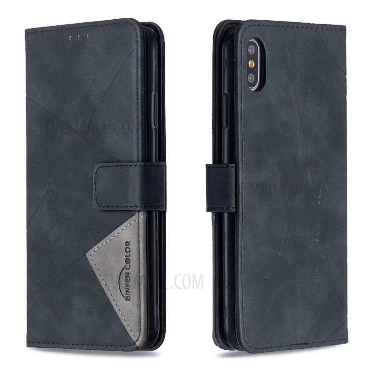 BF05 Guscio Di Cuoio Del Basamento Tessitura Portafoglio Geometrico Per IPhone XS Max 6,5 Pollici - Nero-8