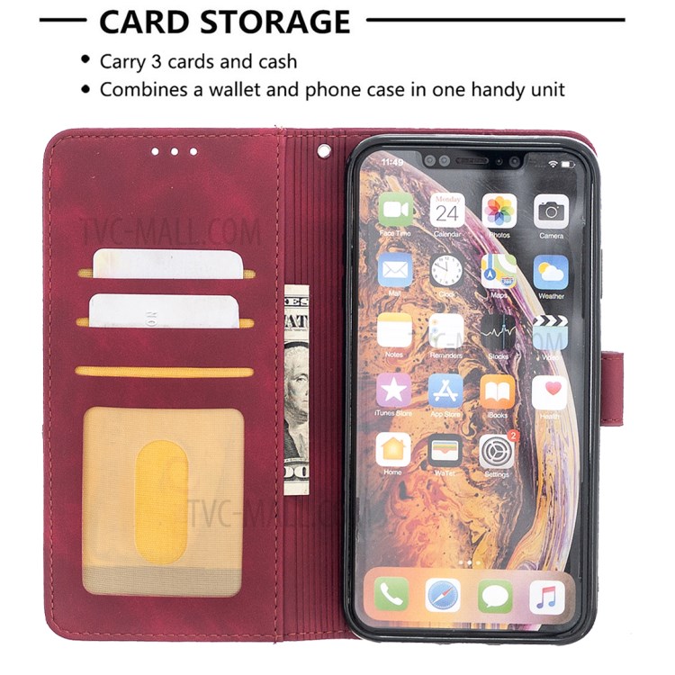 BF05 Геометрическая Текстура Бумажник Кожи Стойки Оболочки Для Iphone XS Макс 6,5 Дюйма - Красное Вино-3
