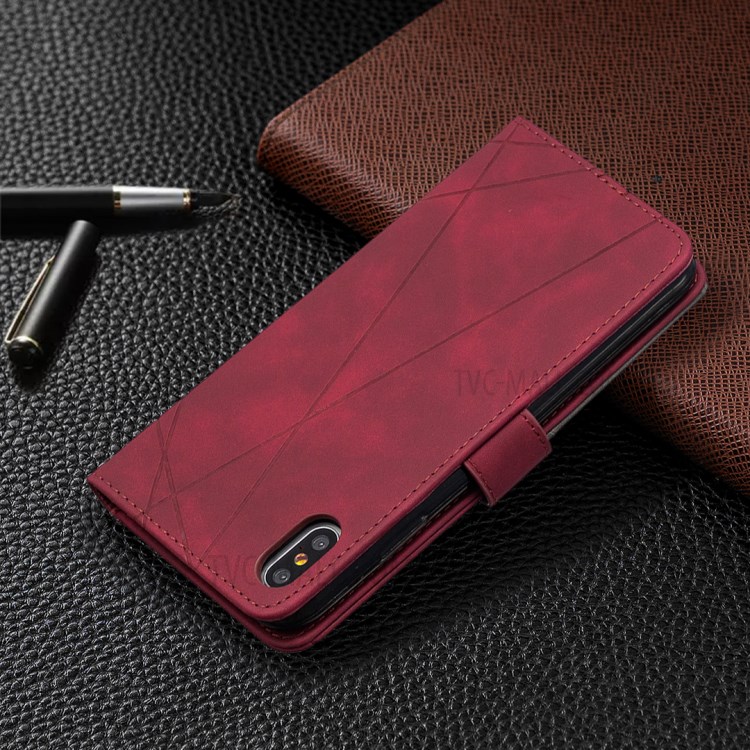 BF05 Геометрическая Текстура Бумажник Кожи Стойки Оболочки Для Iphone XS Макс 6,5 Дюйма - Красное Вино-5