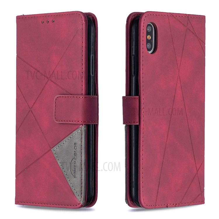 BF05 Геометрическая Текстура Бумажник Кожи Стойки Оболочки Для Iphone XS Макс 6,5 Дюйма - Красное Вино-8