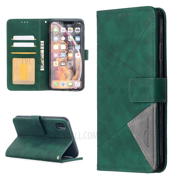 BF05 Geometric Texture Wallet Stand Leather Shell for iPhone XS Max 6.5 inch - Green-1