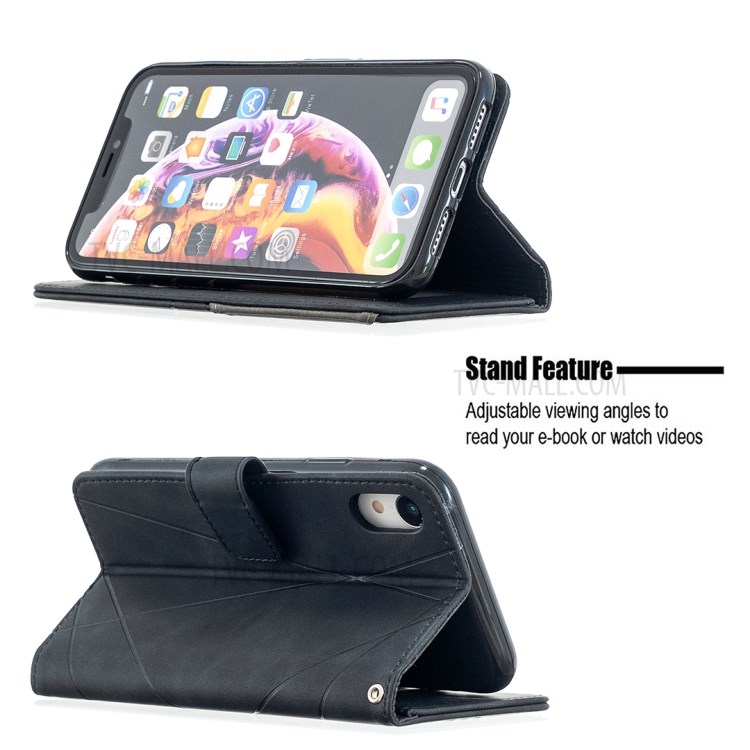 BF05 Leather Case Geometric Texture Wallet Stand Shell Protector for iPhone XR 6.1 inch - Black-2