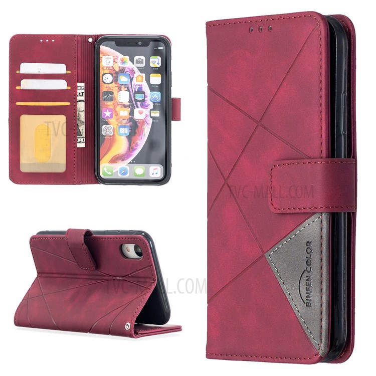 BF05 Leather Case Geometric Texture Wallet Stand Shell Protector for iPhone XR 6.1 inch - Wine Red-1