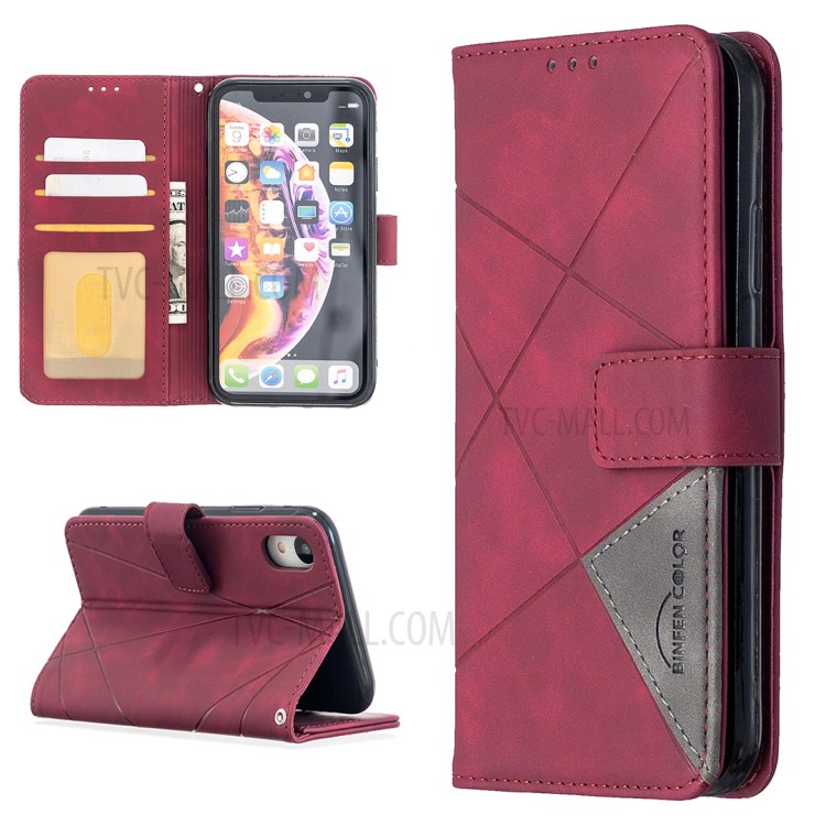 BF05 Étui en Cuir Géométrique Portefeuille Stand Shell Protecteur Pour Iphone XR 6,1 Pouces - Vin Rouge