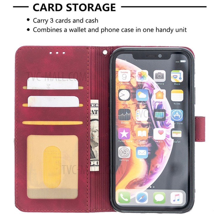 BF05 Leather Case Geometric Texture Wallet Stand Shell Protector for iPhone XR 6.1 inch - Wine Red-3