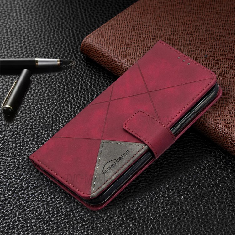 BF05 Leather Case Geometric Texture Wallet Stand Shell Protector for iPhone XR 6.1 inch - Wine Red-4