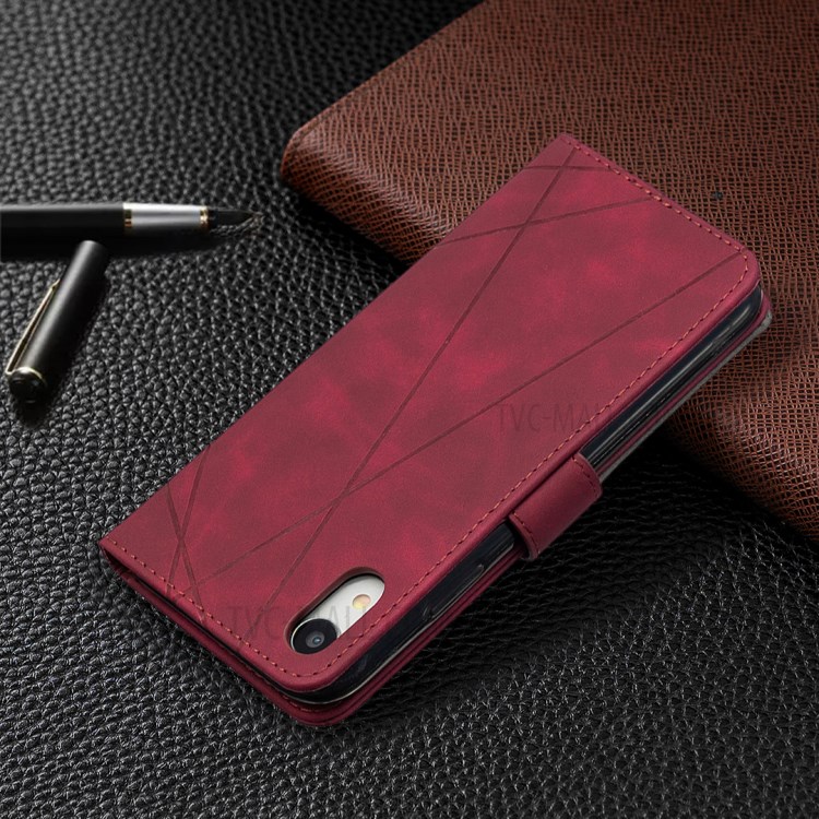 BF05 Case de Cuero Geométrico Textura de la Billetera Protector de Carcasa Para Iphone XR 6.1 Pulgadas - Vino Rojo