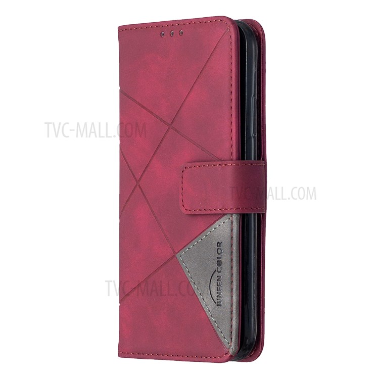 BF05 Case de Cuero Geométrico Textura de la Billetera Protector de Carcasa Para Iphone XR 6.1 Pulgadas - Vino Rojo