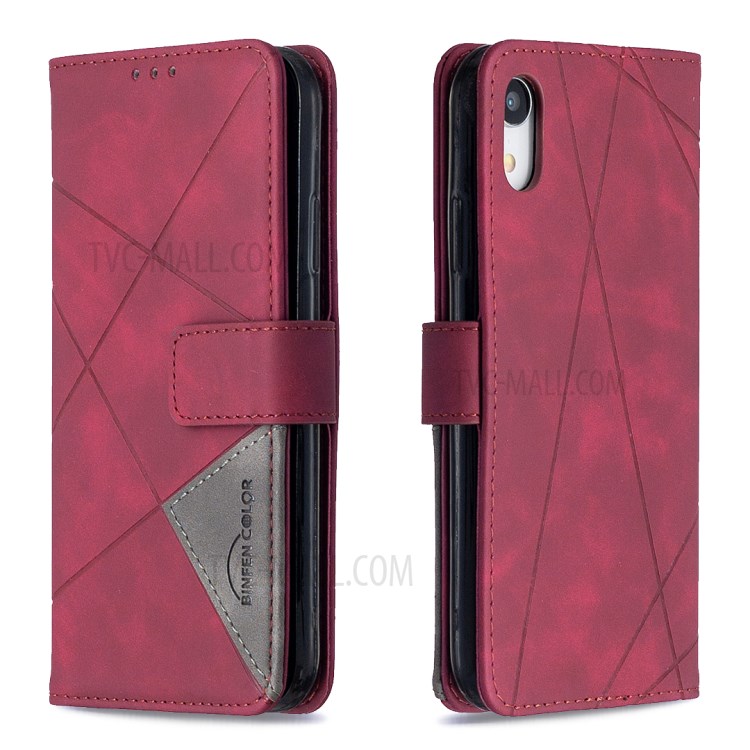 BF05 Leather Case Geometric Texture Wallet Stand Shell Protector for iPhone XR 6.1 inch - Wine Red-8