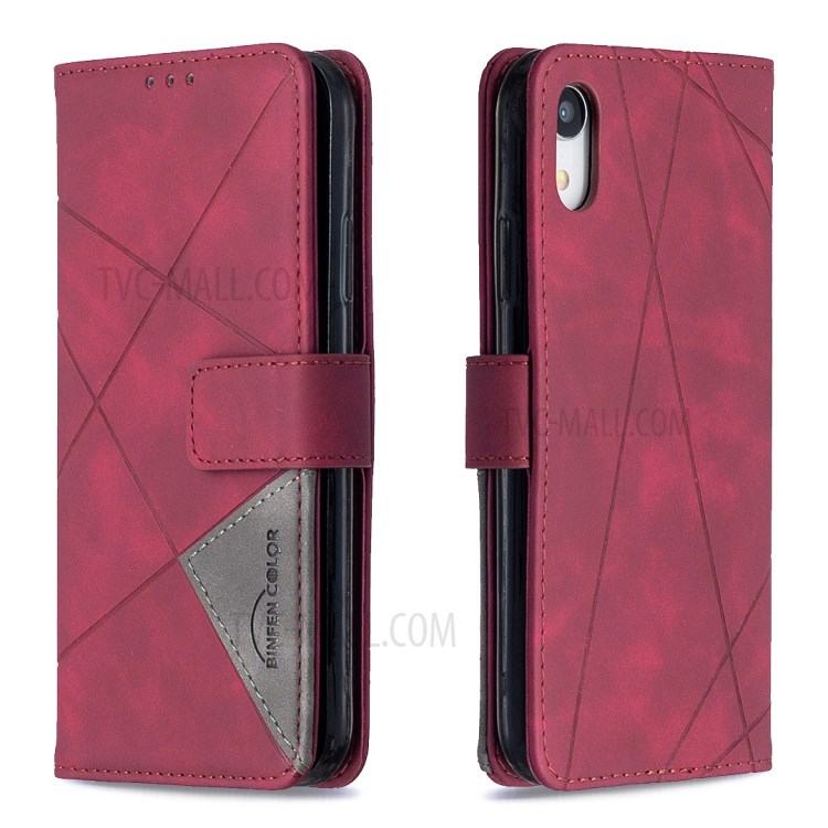 BF05 Étui en Cuir Géométrique Portefeuille Stand Shell Protecteur Pour Iphone XR 6,1 Pouces - Vin Rouge