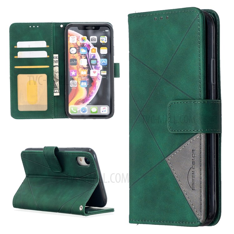 BF05 Leather Case Geometric Texture Wallet Stand Shell Protector for iPhone XR 6.1 inch - Green-1