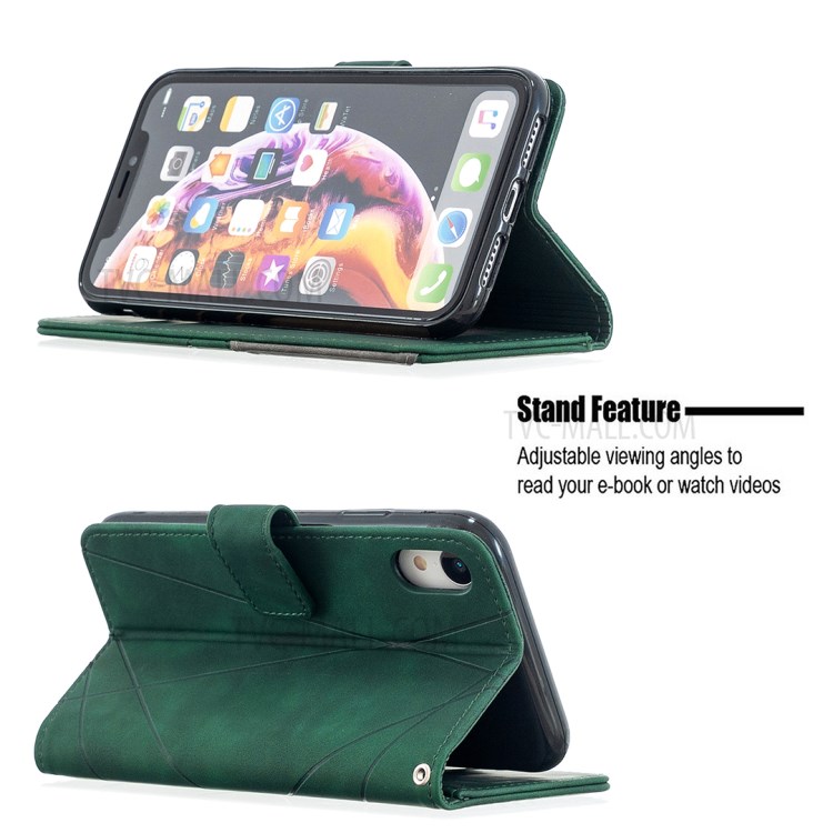 BF05 Leather Case Geometric Texture Wallet Stand Shell Protector for iPhone XR 6.1 inch - Green-2