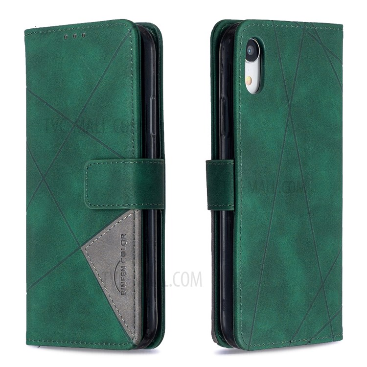 BF05 Leather Case Geometric Texture Wallet Stand Shell Protector for iPhone XR 6.1 inch - Green-8