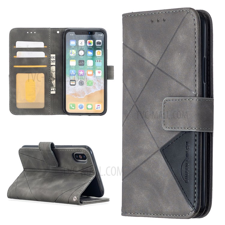 BF05 Leather Case Geometric Texture Wallet Stand Shell for iPhone X/XS 5.8 inch - Grey-1