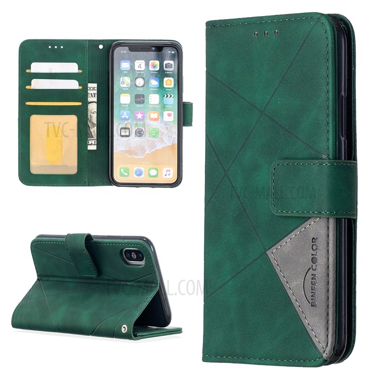 BF05 Leather Case Geometric Texture Wallet Stand Shell for iPhone X/XS 5.8 inch - Green-1