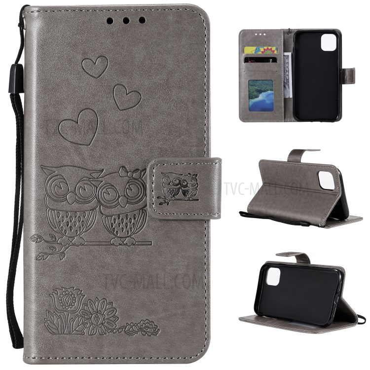 Flip Leather Cover Imprint Owls Pattern Wallet Stand Case for iPhone 12 5.4 inch - Grey-1