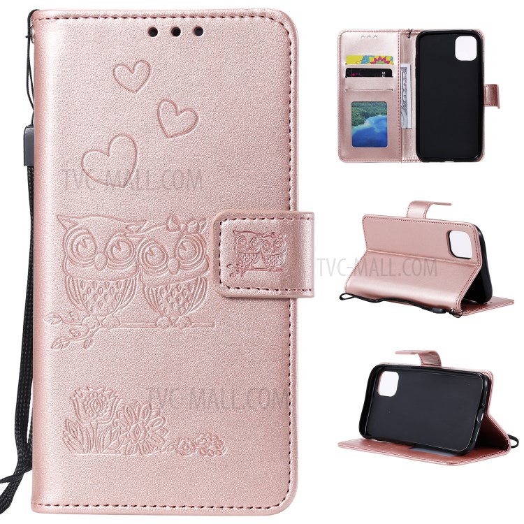 Flip Leather Cover Imprint Owls Pattern Wallet Stand Case for iPhone 12 mini - Rose Gold-1