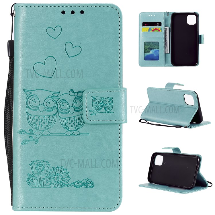 Flip Leather Cover Imprint Owls Pattern Wallet Stand Case for iPhone 12 mini - Green-1