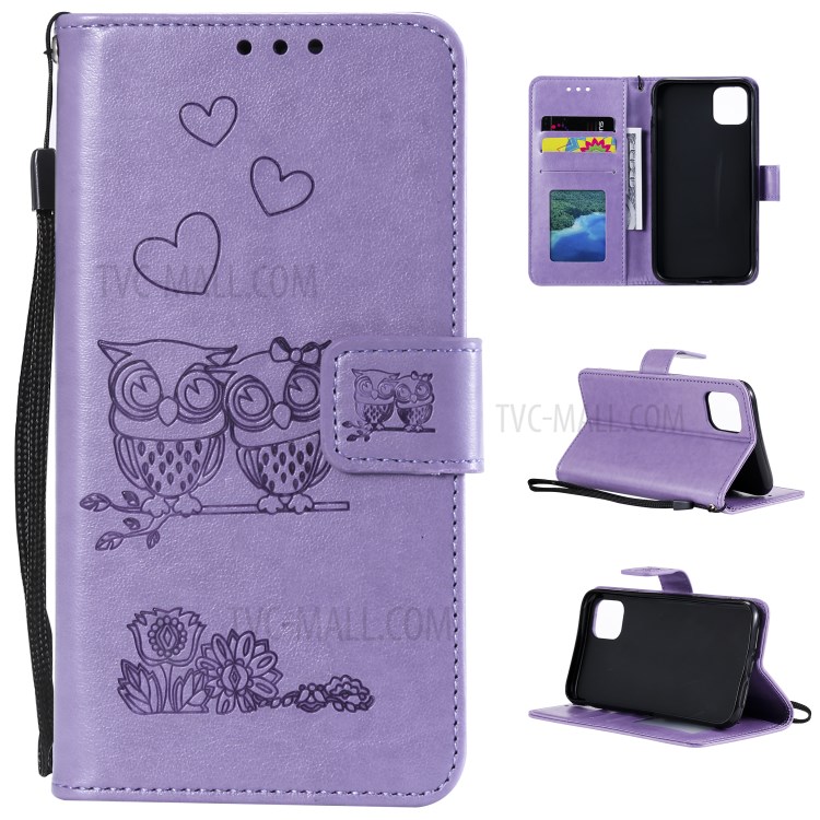 Flip Leather Cover Imprint Owls Pattern Wallet Stand Case for iPhone 12 mini - Purple-1