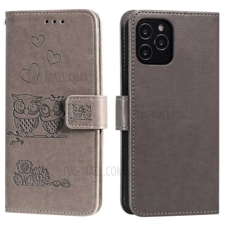 Flip Leather Cover Imprint Owls Pattern Stand Phone Case for iPhone 12 Pro/12 - Grey-2