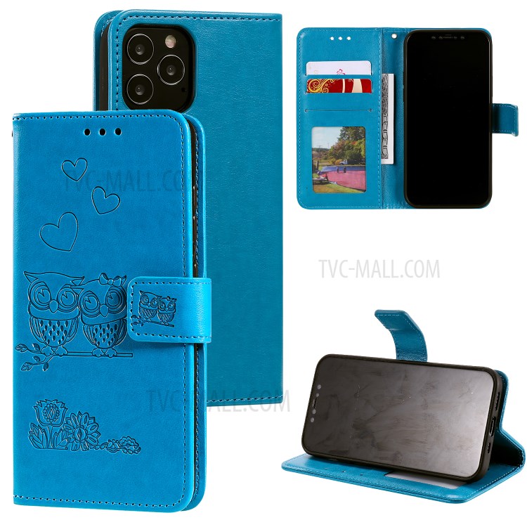 Flip Leather Cover Imprint Owls Pattern Stand Phone Case for iPhone 12 Pro/12 - Blue-1