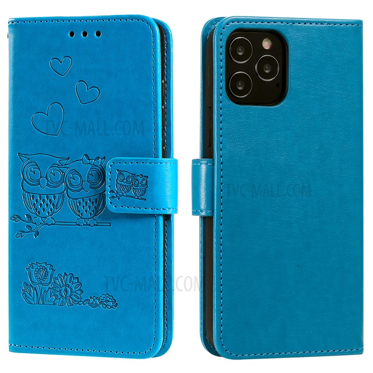 Flip Leather Cover Imprint Owls Pattern Stand Phone Case for iPhone 12 Pro/12 - Blue-2