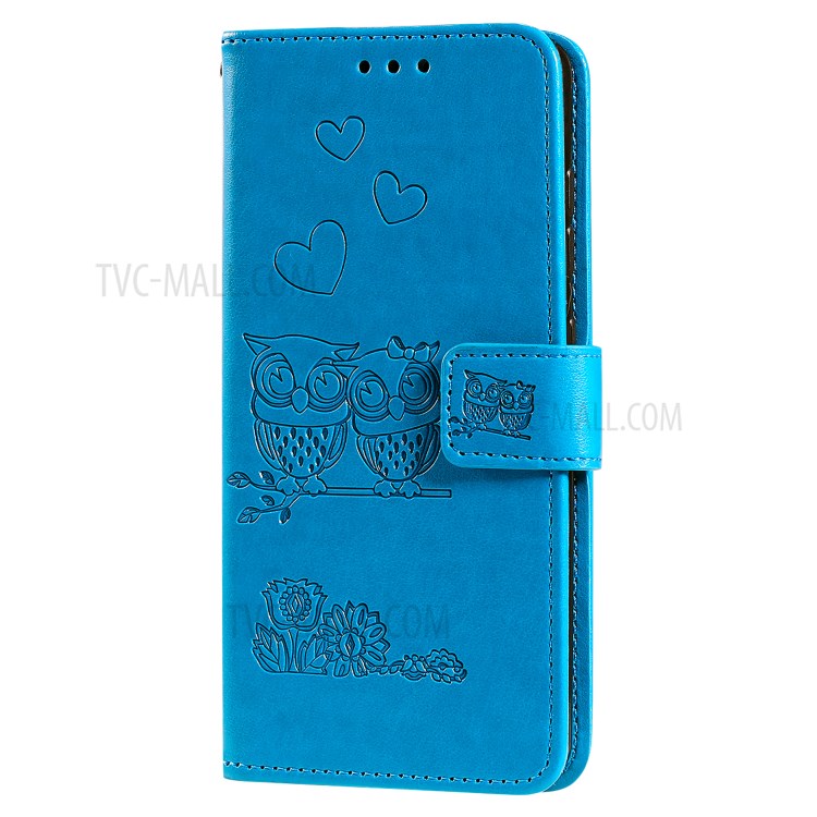 Flip Leather Cover Imprint Owls Pattern Stand Phone Case for iPhone 12 Pro/12 - Blue-5