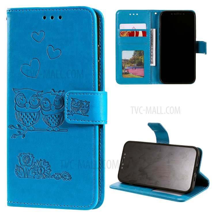Flip Leather Cover Imprint Owls Pattern Stand Phone Case for iPhone 12 Pro/12 - Blue-9
