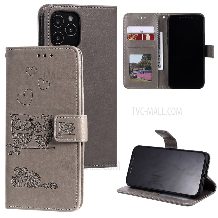 Flip Leather Cover Imprint Owls Pattern Wallet Stand Protective Case for iPhone 12 Pro Max 6.7 inch - Grey-1