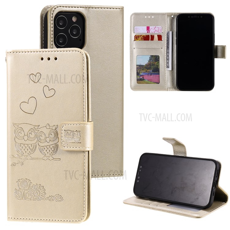 Flip Leather Cover Imprint Owls Pattern Wallet Stand Protective Case for iPhone 12 Pro Max 6.7 inch - Gold-1