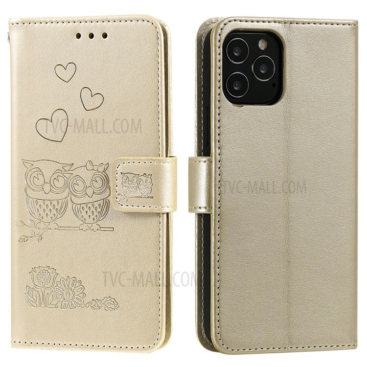 Flip Leather Cover Imprint Owls Pattern Wallet Stand Protective Case for iPhone 12 Pro Max 6.7 inch - Gold-2