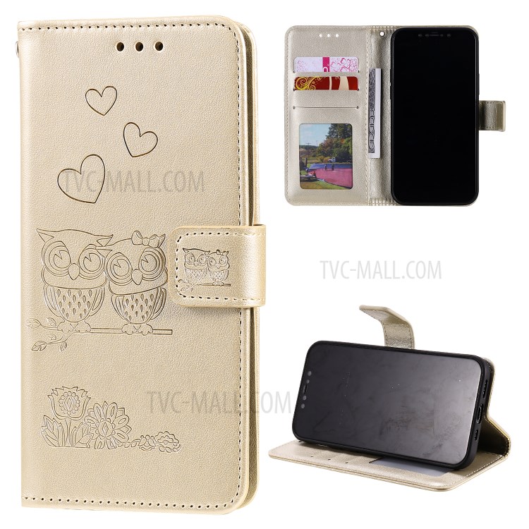 Flip Leather Cover Imprint Owls Pattern Wallet Stand Protective Case for iPhone 12 Pro Max 6.7 inch - Gold-9