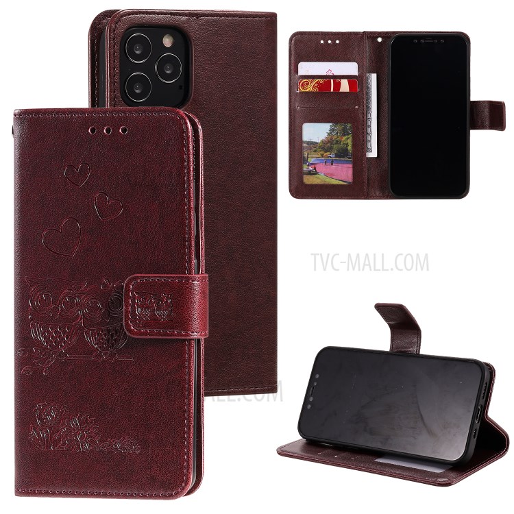 Flip Leather Cover Imprint Owls Pattern Wallet Stand Protective Case for iPhone 12 Pro Max 6.7 inch - Coffee-1