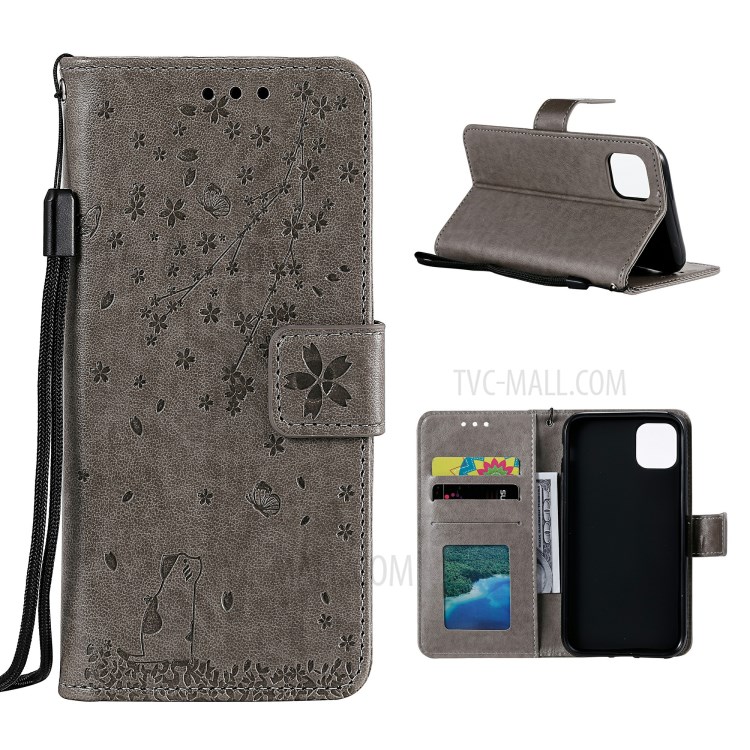 Imprint Sakura Cat Leather with Wallet Shell for iPhone 12 5.4 inch - Grey-1