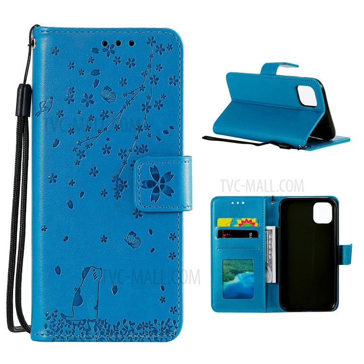 Imprint Sakura Cat Leather with Wallet Shell for iPhone 12 mini - Blue-1
