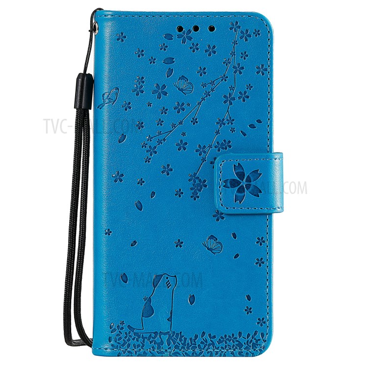Imprint Sakura Cat Leather with Wallet Shell for iPhone 12 mini - Blue-2