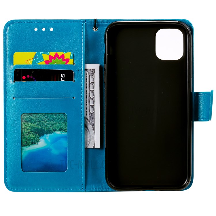 Imprint Sakura Cat Leather with Wallet Shell for iPhone 12 mini - Blue-4
