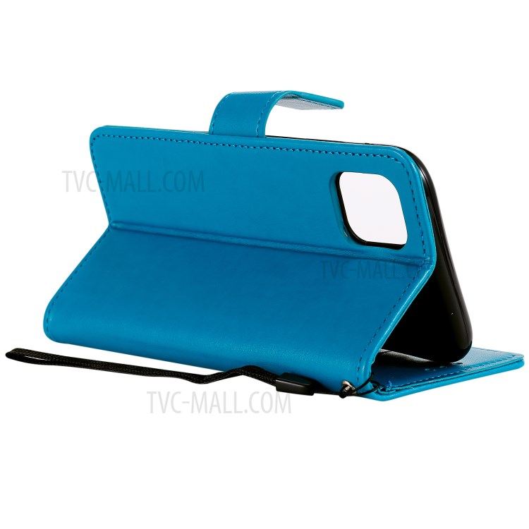 Imprint Sakura Cat Leather with Wallet Shell for iPhone 12 mini - Blue-6
