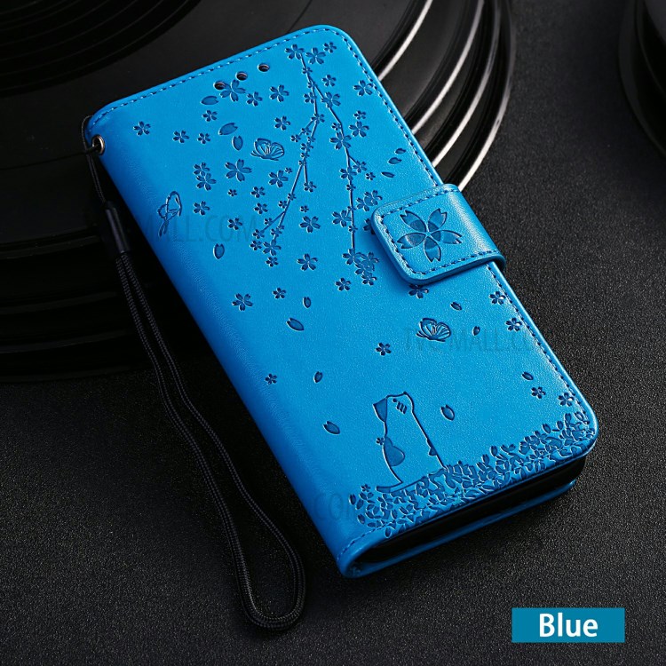 Imprint Sakura Cat Leather with Wallet Shell for iPhone 12 mini - Blue-7